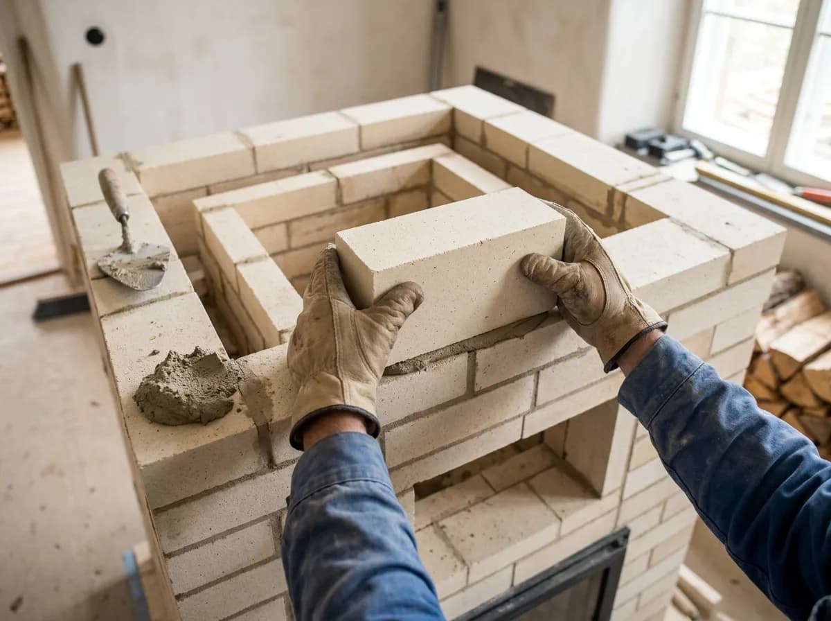 Mains gantées d’un poêlier posant une brique réfractaire sur le cœur d’un poêle de masse en construction, truelle et mortier