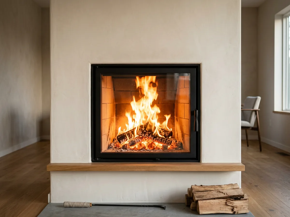 Première flambée d’un poêle de masse enduit, hautes flammes et braises derrière la vitre du foyer en briques réfractaires